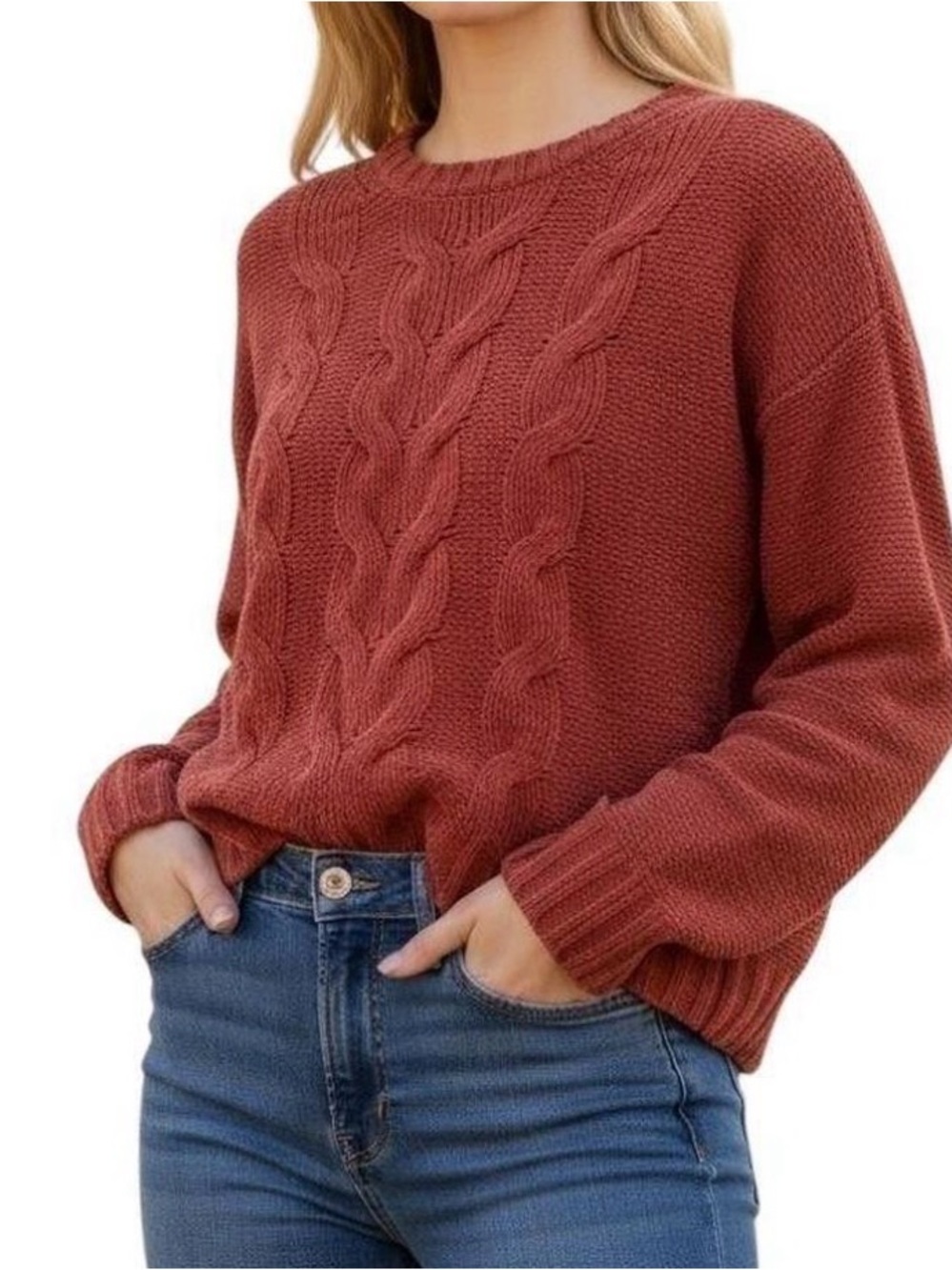 American Eagle impossibly soft Cable Knit Crewneck Sweater - Rust